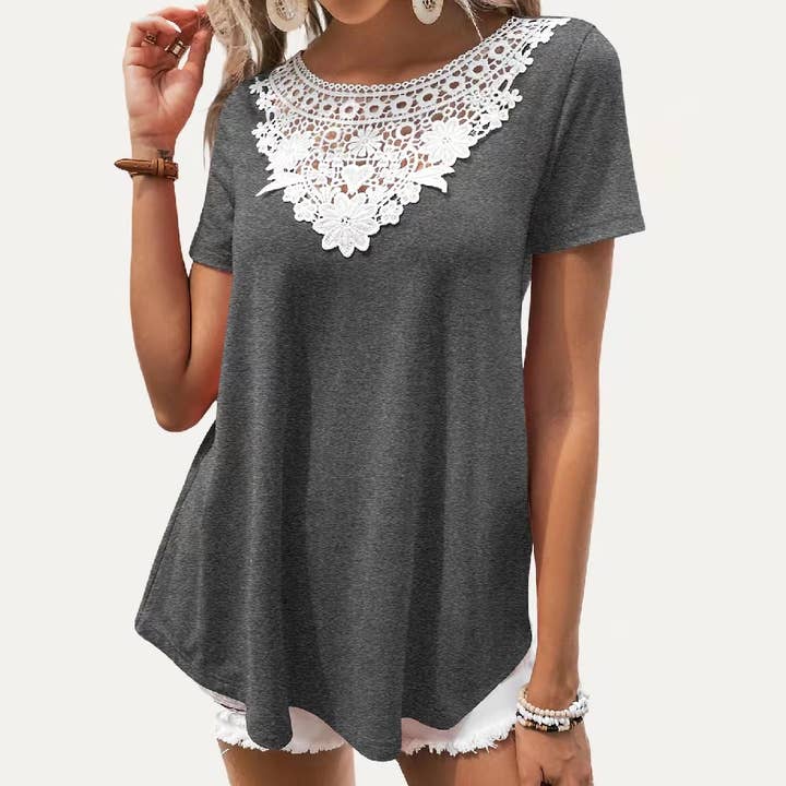 The Moment Collection - Vente Haut en maille – femme - Haut à manches courtes extensible chic en crochet décontracté