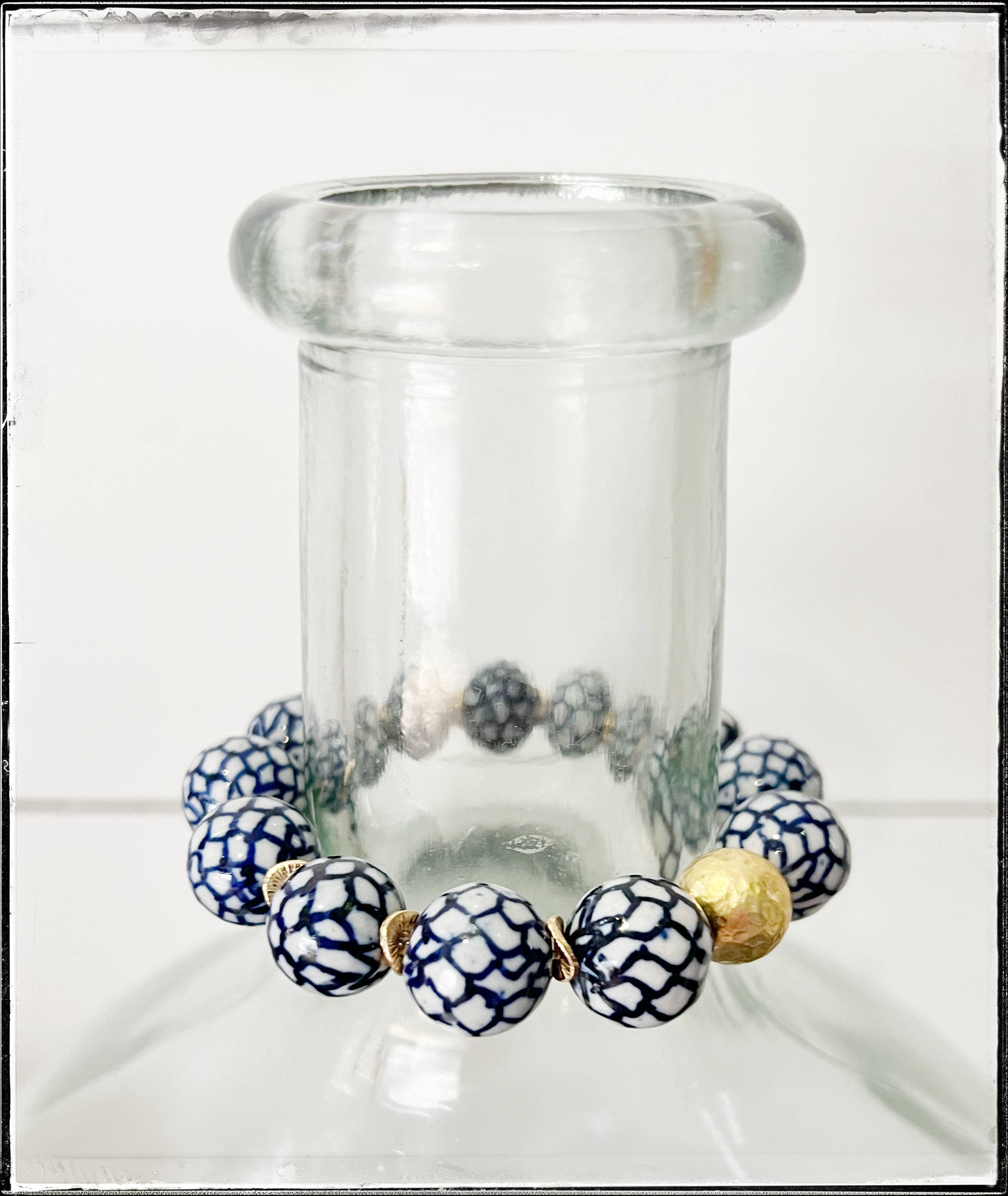 GentrybyJenna - Wholesale Beaded Bracelet - Blue Ceramic Chinoiserie Round Bead Bracelet w/ Brass Ball1