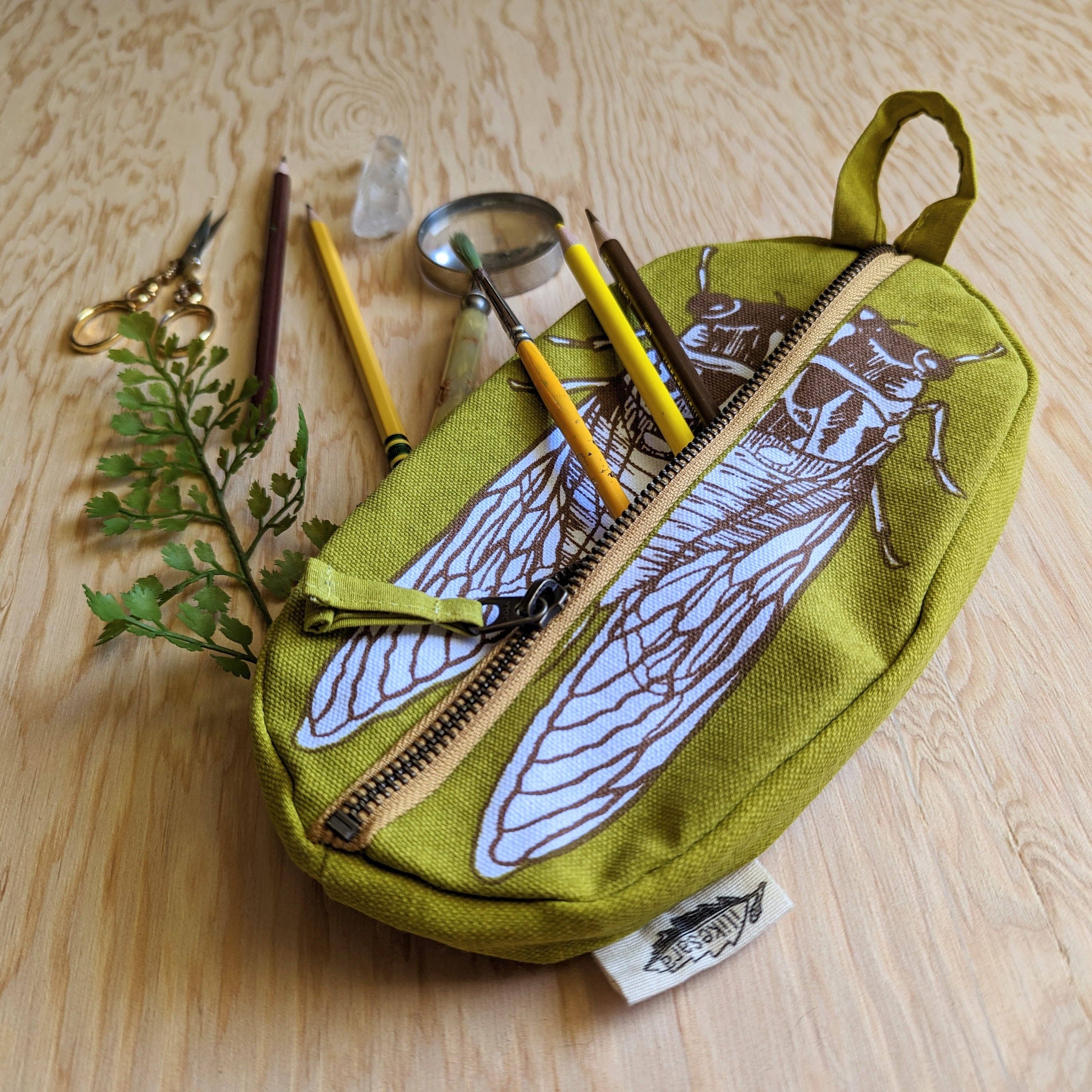 ilikesara | art + goods – wholesale Pencil case/pouch – zippered pouch | cicada - yellow & brown bug/insect pencil, supply, makeup bag with waterproof lining3