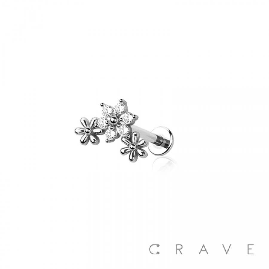 CRAVE - Wholesale Single Earring - MULTI CZ TRIPLE FLOWER TOP THREADLESS (PUSH IN)5