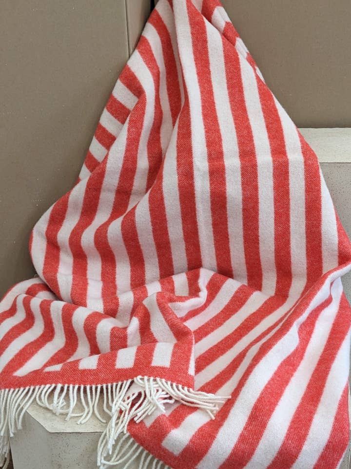 Wool Blanket / Cozy Blanket STRIPES tomato red / off white for wholesale by Coudre Berlin