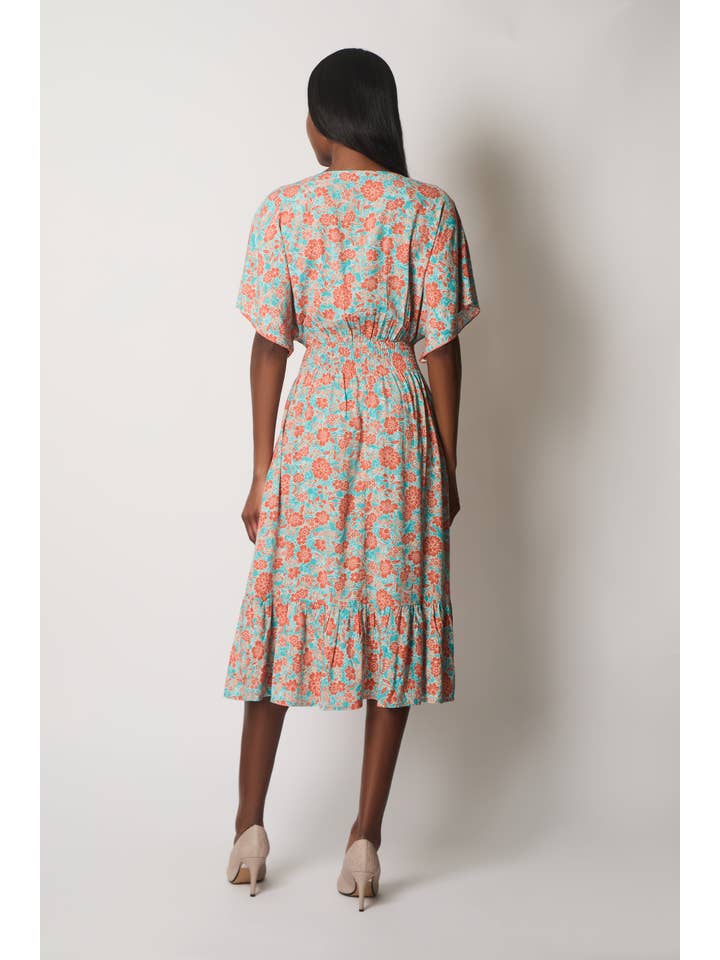 SOLO - Wholesale Dress - Women's - Floral Print Midi Dress with Flutter Sleeves - Orange