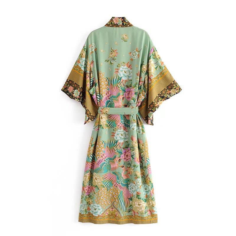 Rosa Clothing - Vente Kimono – femme - Robe kimono longue ceinturée à imprimé paon et fleurs5