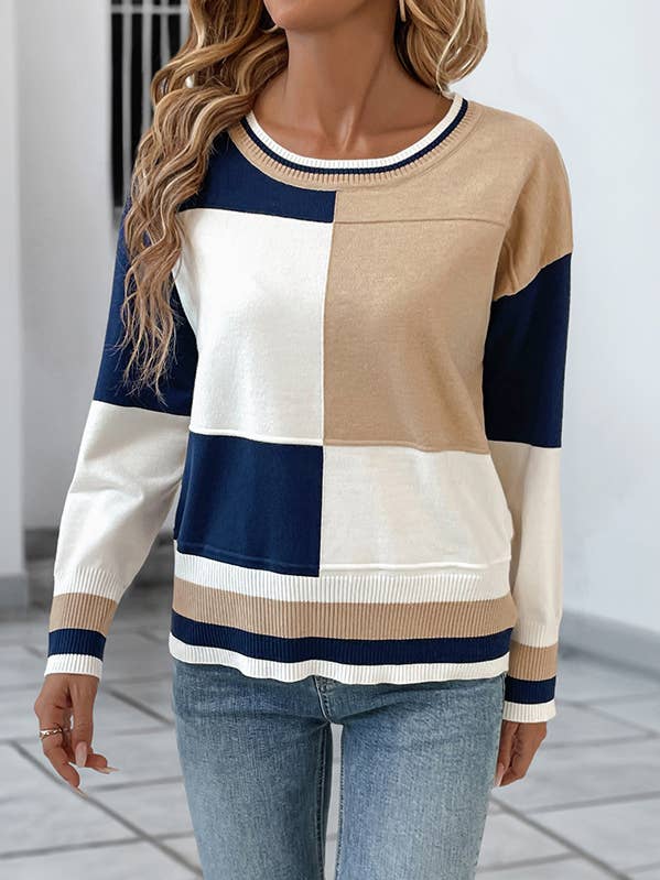 Jersey de punto con cuello redondo y bloques de color de otoño para venta al por mayor de Comely Fashion