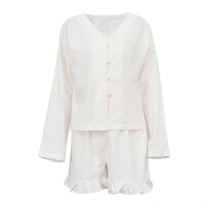 White Long sleeve blouse Ruffle Decor Shorts Set for wholesale on Faire