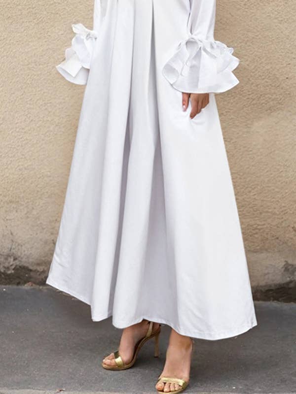 Sheer Trend - Wholesale Dress - Women's - Flared Sleeve Pleated Solid Split Lapel Shirt Dress