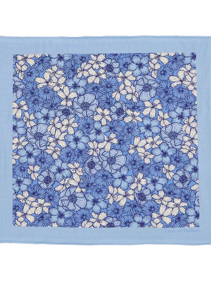 HUDSON DENSE FLORALMERINO HANDKERCHIEF POCKET SQUARE - BLUE for wholesale by Lords Of Harlech Accessories