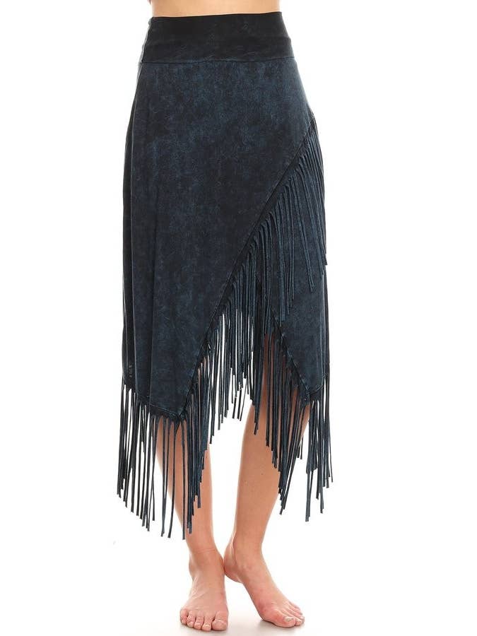 T-Party – wholesale Skirt – Women’s – Mineral Wash High Low Diagonal Fringe Foldover Waist Skirt6