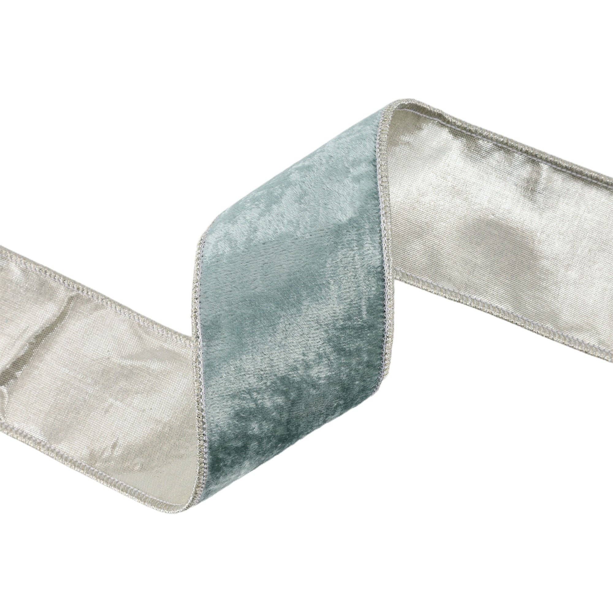 LA Ribbons Wholesale - Wholesale Ribbon - Gift Wrapping - 2 1/2" Wired Premium Velvet | Aqua with Silver Metallic Dupioni Back | 5 Yard Roll3