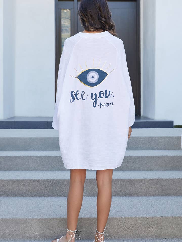 EYE SEE YOU COTTON GAUZE OVERSIZED SHIRT (81542-WHITE) for wholesale by MILIO MILANO
