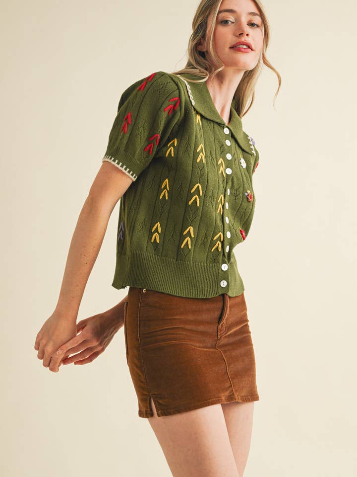 &MERCI - Wholesale Knit Sweater - Women's - HAND EMBROIDERED SHORT SLV BUTTON DOWN SWEATER MSW1095341