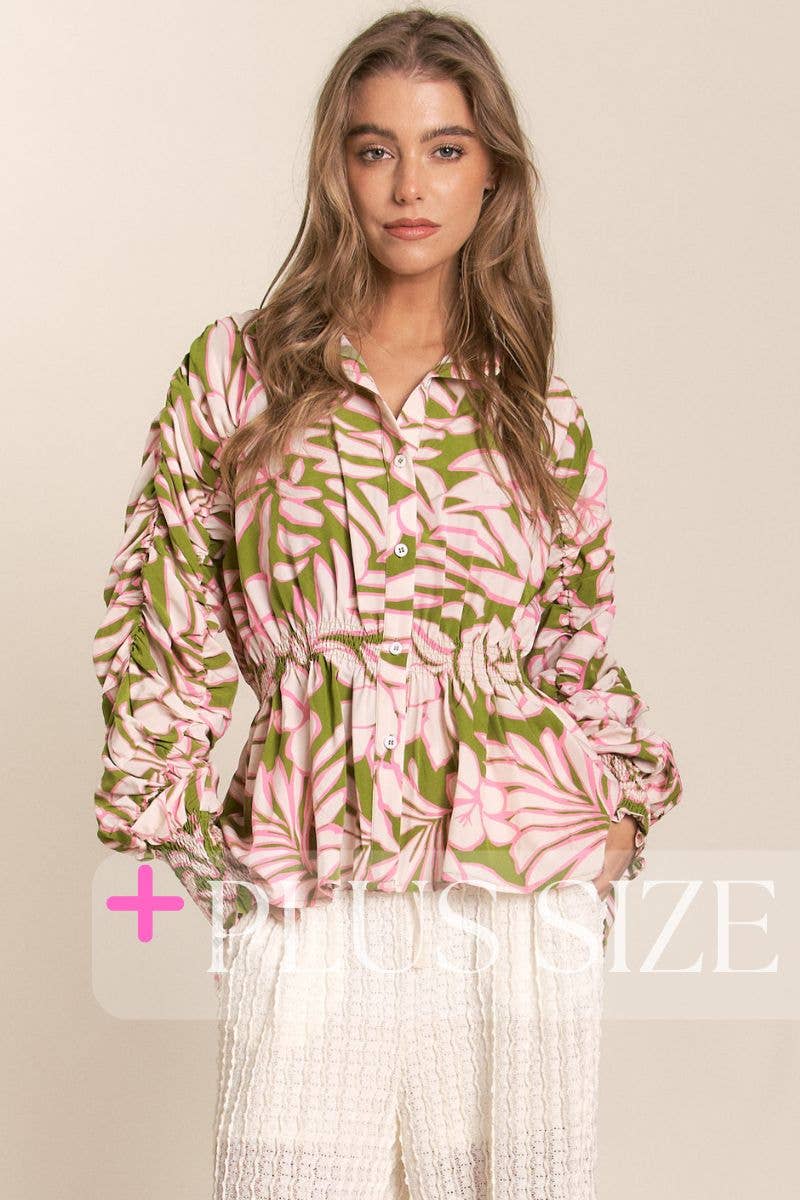 Rosa Verde Top a bottoni asimmetrico con maniche arricciate e stampa floreale taglie forti in vendita all'ingrosso su Faire4