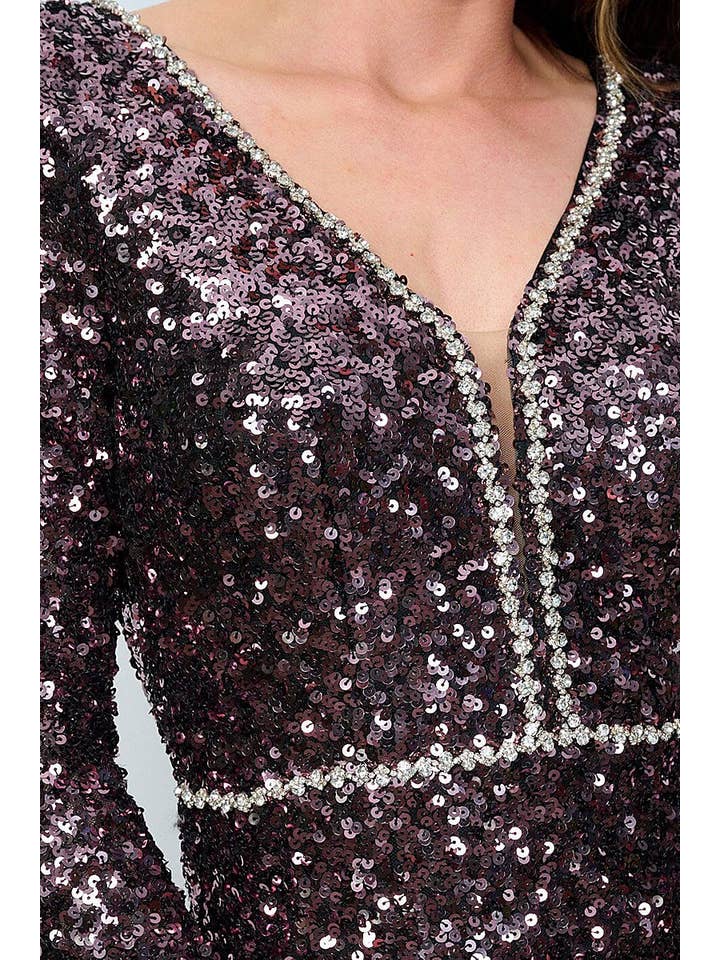 ROUSSEAU - Wholesale Dress - Women's - LONG SLEEVES V-NECK BODYCON SEQUINS MIDI DRESS