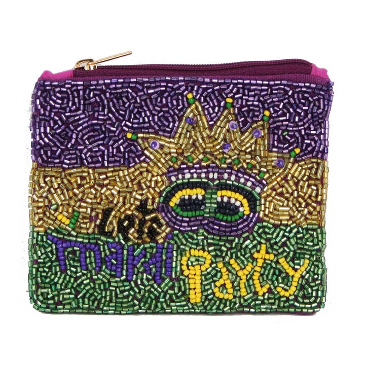 Portamonete da donna completamente decorato con perline a tema festa del Mardi Gras per la vendita all'ingrosso da parte di Nima Accessories Inc