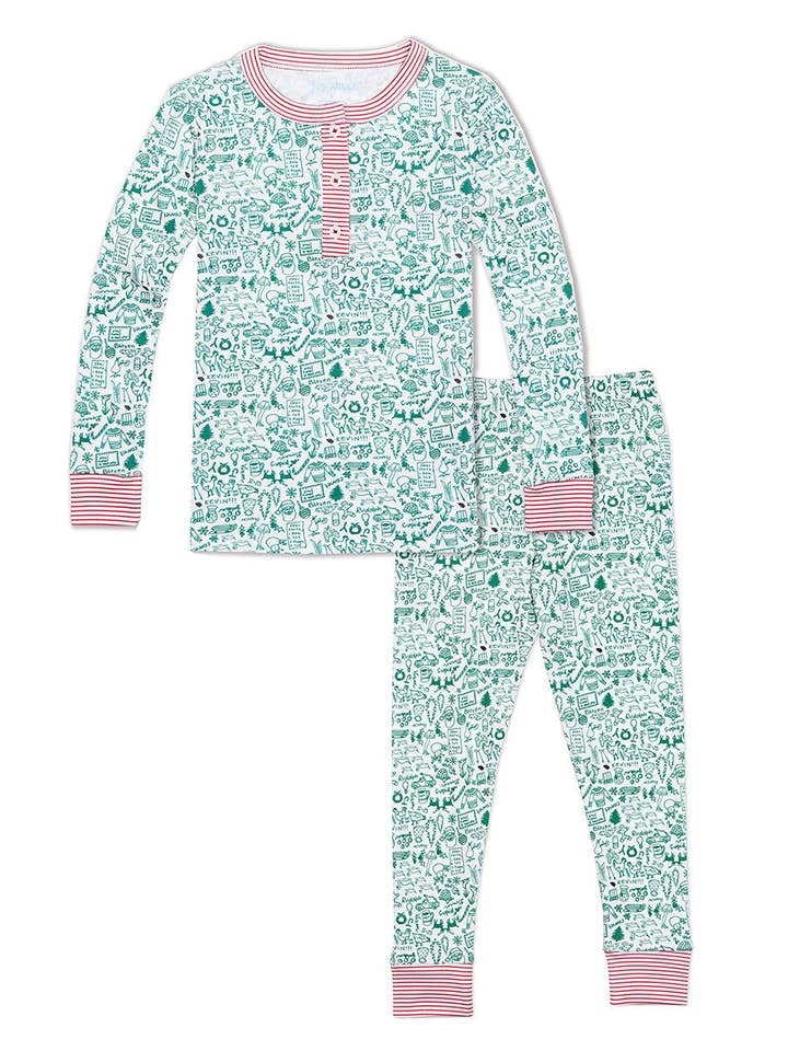 North Pole Christmas Two Piece Kids Henley Pajamas for wholesale on Faire0