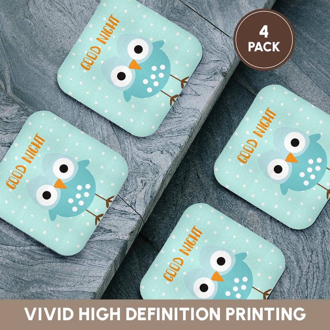 3dRose – wholesale Coasters – 3dRose, Cute Baby Woodland Owl Bird Typography On Blue Polkadots - Good Night, Coaster12
