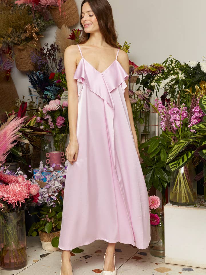 Vestido largo con tirantes finos y volantes elegantes para venta al por mayor de ELLI WHITE