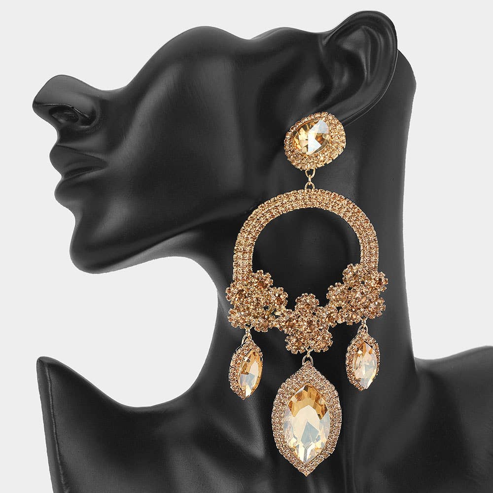 Sensibling Corp. – wholesale Dangle earrings – Oversized Rhinestone Paved Triple Flower Marquise Glass Stone Cluster Link Drop Chandelier Evening Earrings8
