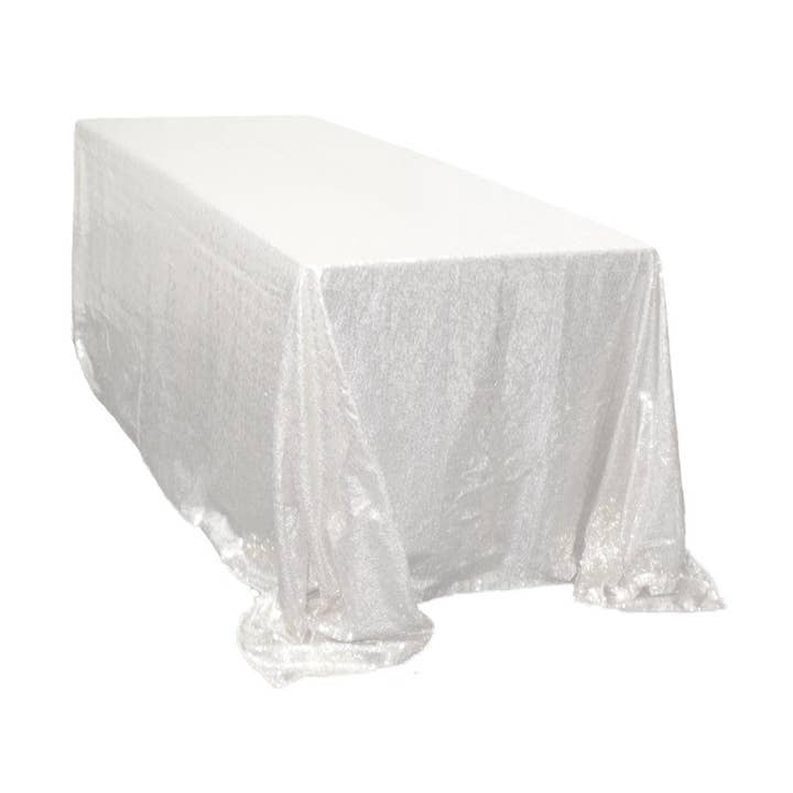 90 x 132 inch Glitz Sequin Rectangular Tablecloth White for wholesale by YOUR CHAIR COVERS