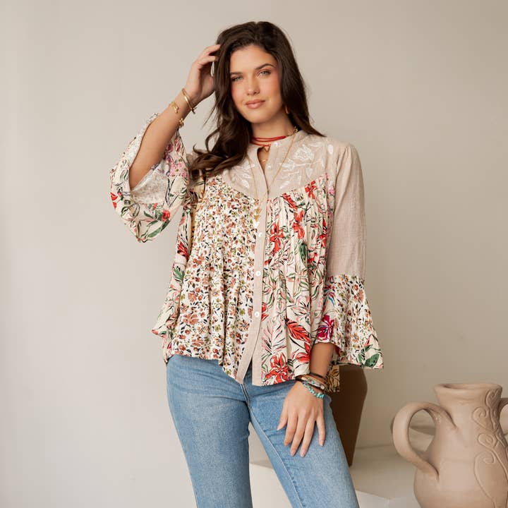 Vintage-Inspired Floral Emb Button-Down Boho Tunic Top NEW for wholesale by Young Threads