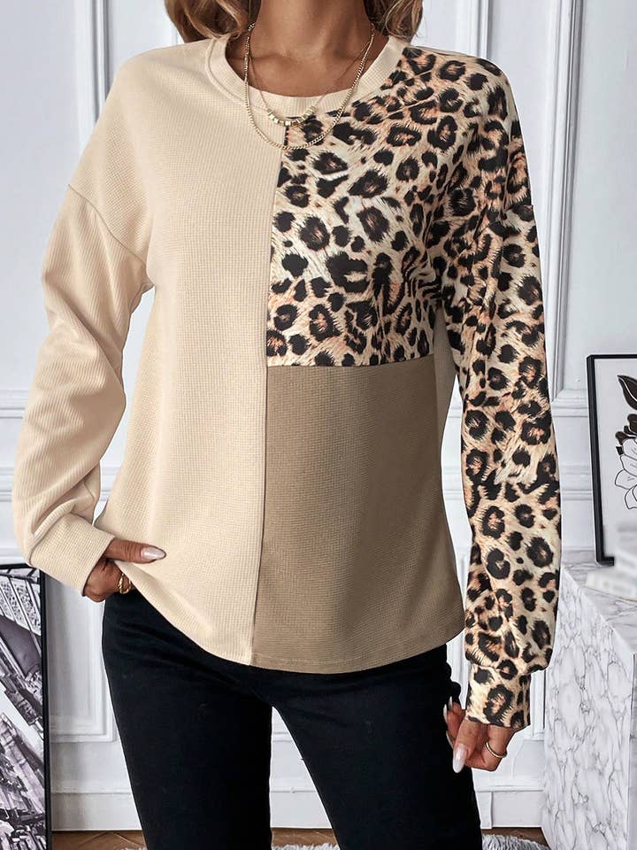 Lovesoft - Wholesale Knit Top - Women's - Pale Khaki Leopard Colorblock Waffle Knit Top