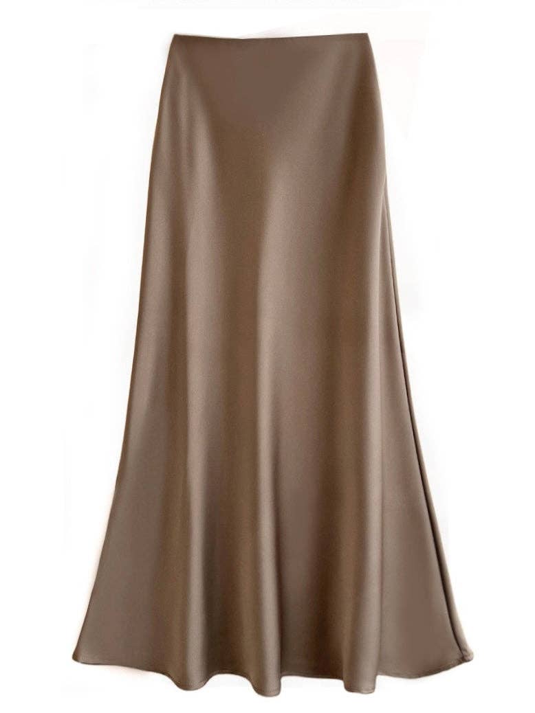 coffee Sateen Maxi Skirt with Elastic Waistband and invisible zipper ( Coffee) for wholesale on Faire5