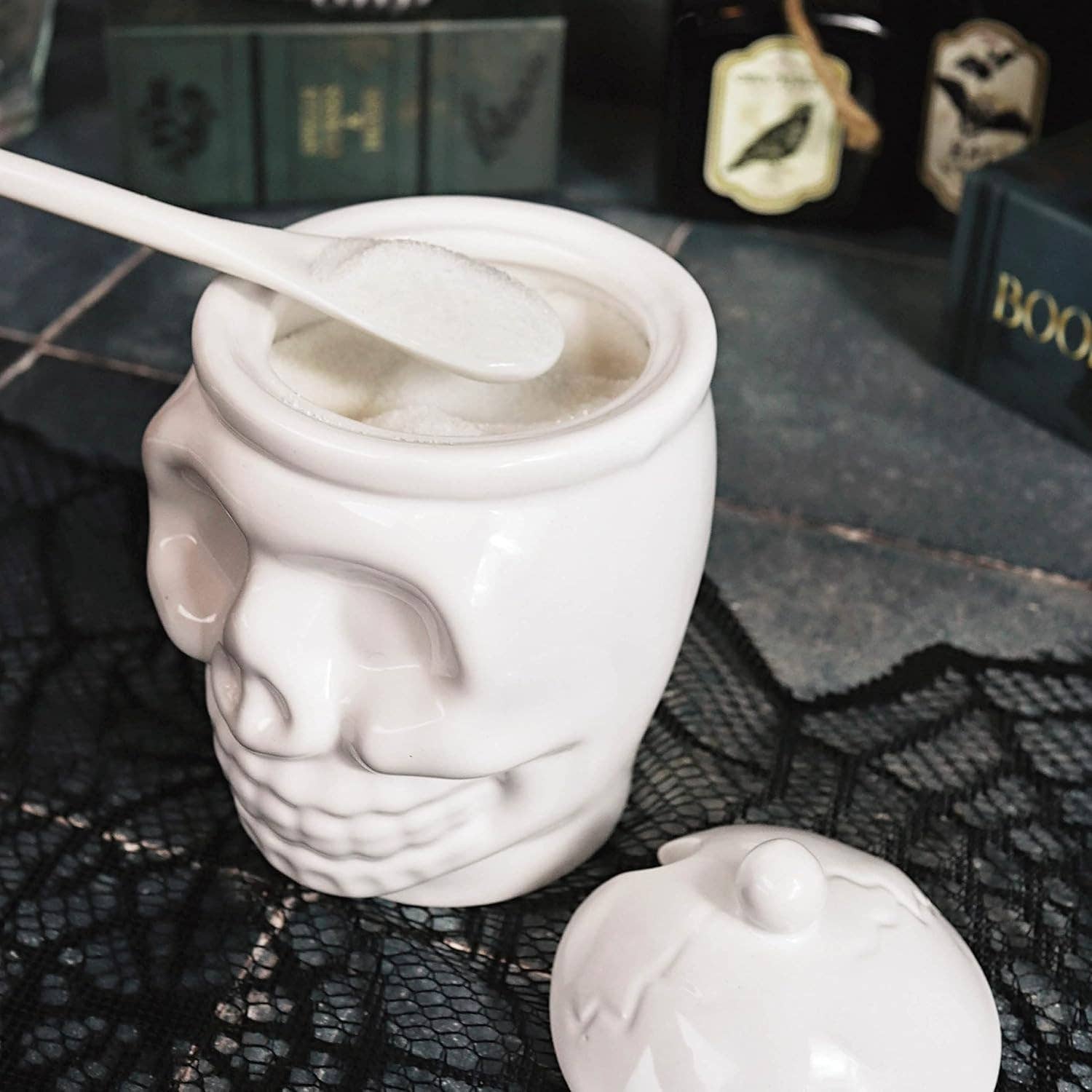 Upper Midland Products - Wholesale Condiment/Dip Bowl - Ceramic Sugar Skull Sugar Bowl With Bone Spoon - 12 Oz1