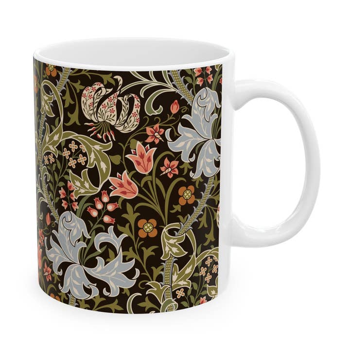 Keramische mok geïnspireerd door William Morris - Golden Lily Collectie (Middernacht) voor wholesale door Willy Morris Home Emporium