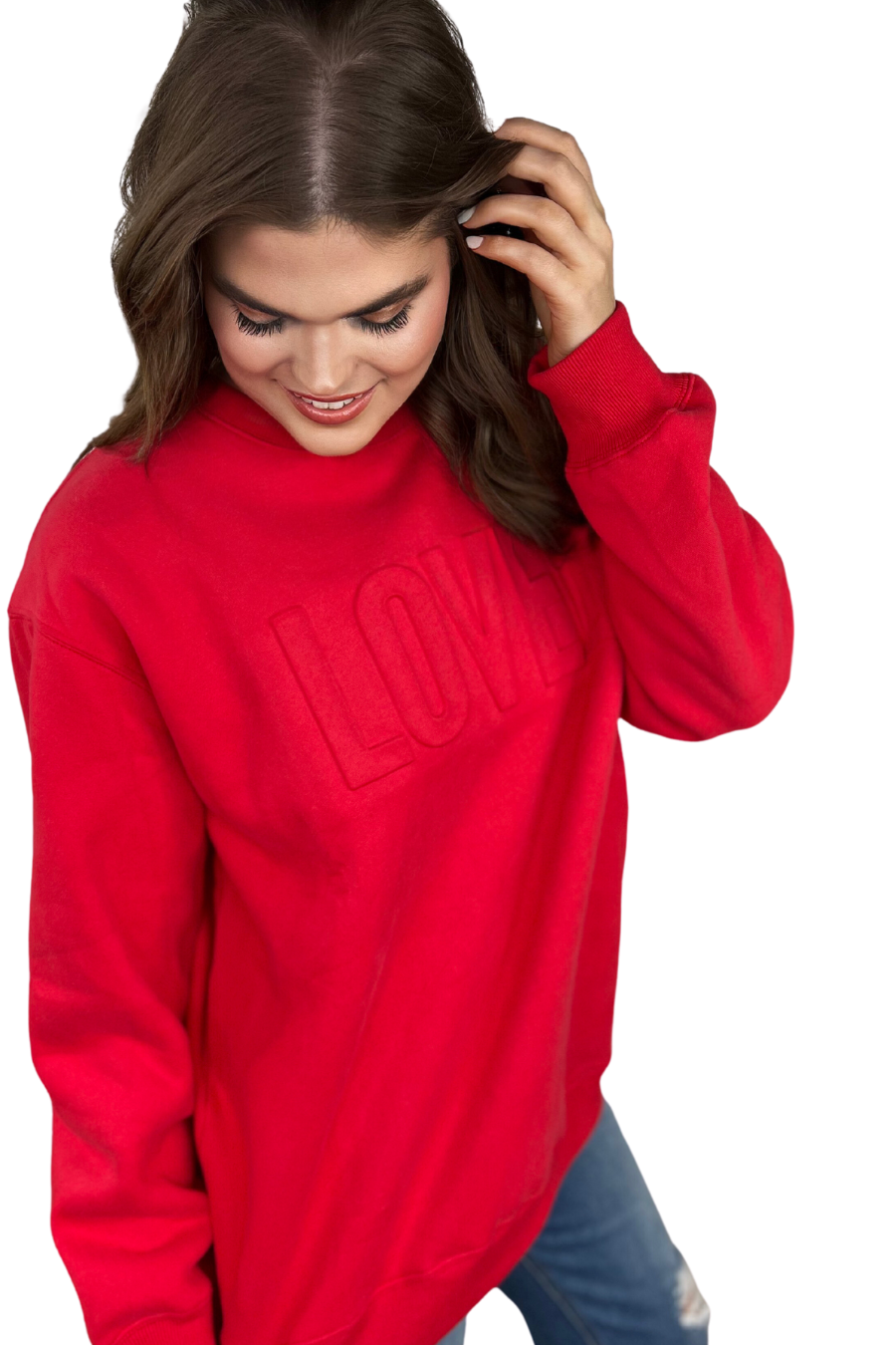 Red Loved Embossed Sweatshirt for wholesale on Faire2