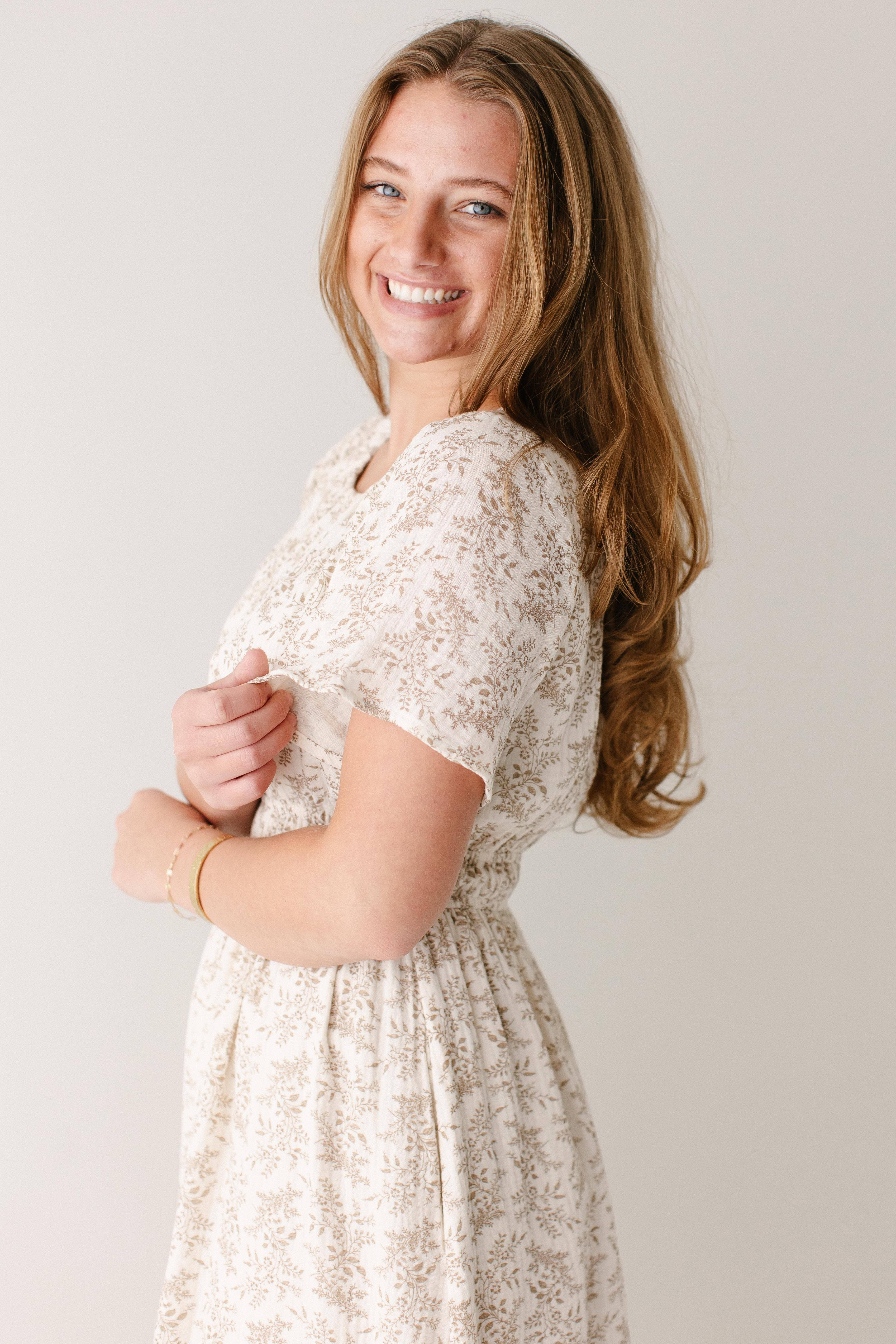 Ivory 'Cynthia' Botanical Print Cotton Gauze Midi Dress for wholesale on Faire2