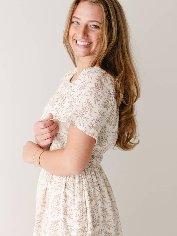 Ivory 'Cynthia' Botanical Print Cotton Gauze Midi Dress for wholesale on Faire2