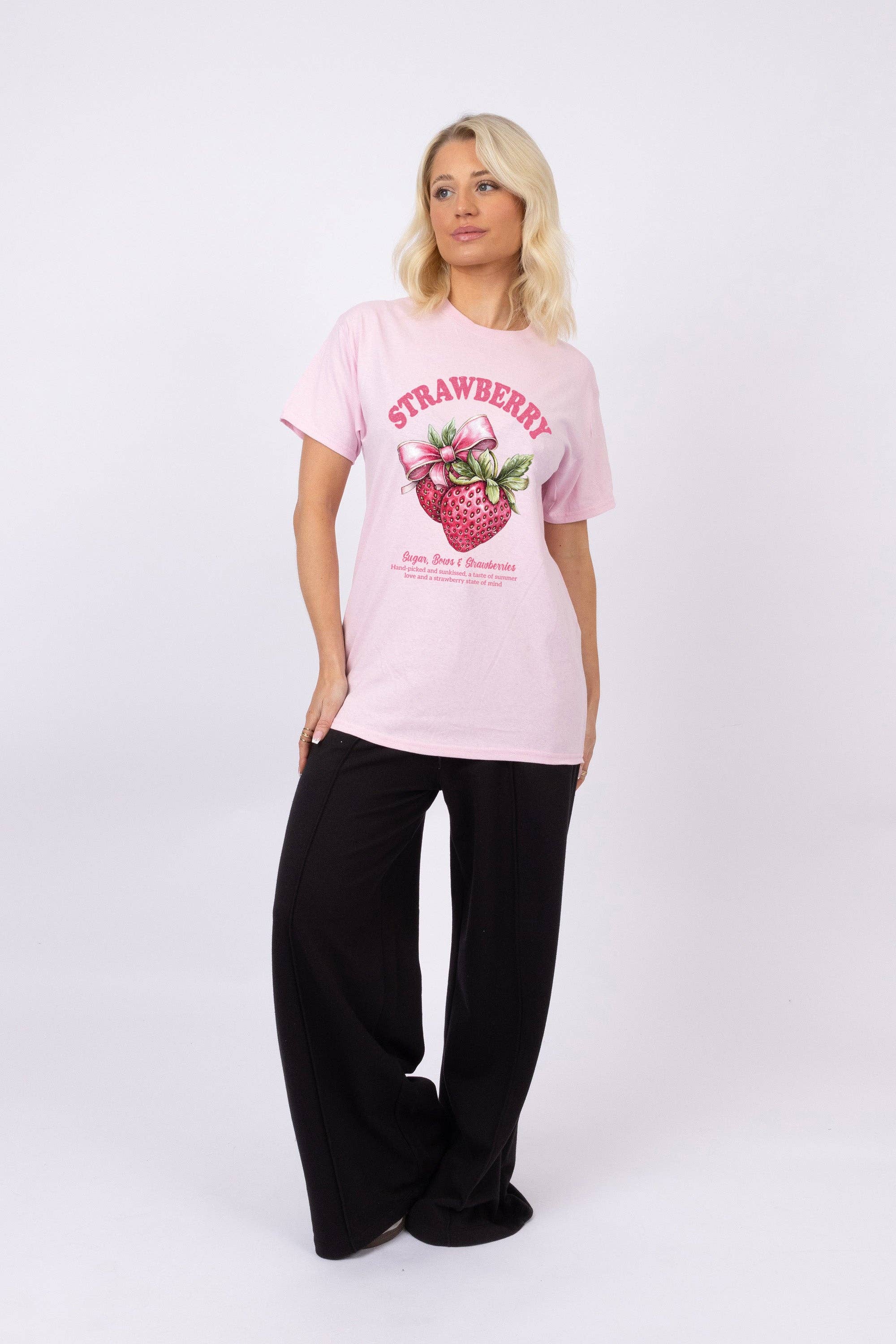 Baby Pink Women Strawberries Printed T-Shirt for wholesale on Faire0