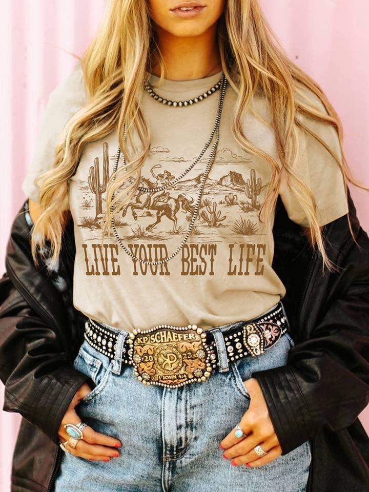 Western cowgirl Graphic crewneck short sleeve loose tee for wholesale by HIDDENBRAND