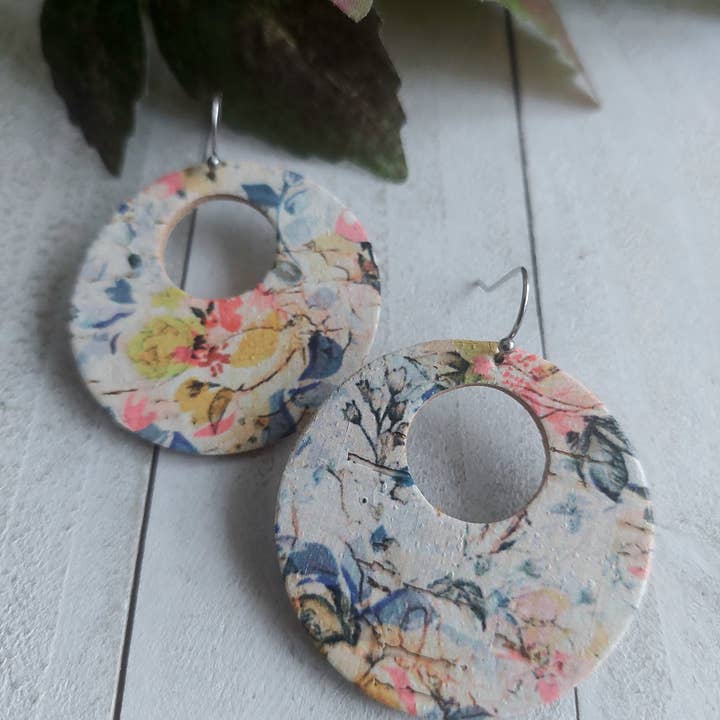 Floral circle cork leather earrings for wholesale by TenderEssentials ~ handmade jewelry