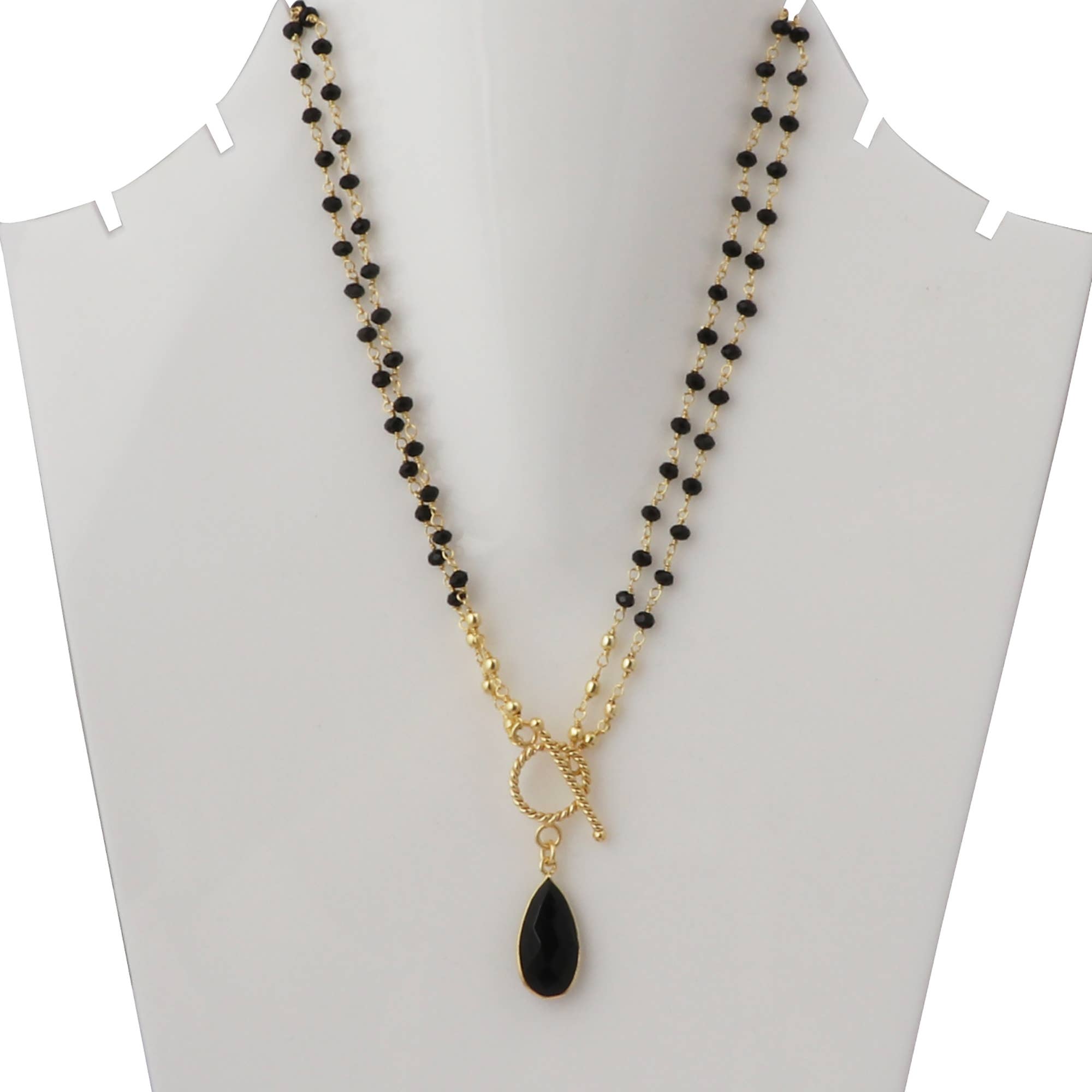 El Joyero - Wholesale Pendant/Charm Necklace - Black Onyx Drop Pendant Gold Plated Beaded Chain Necklace1