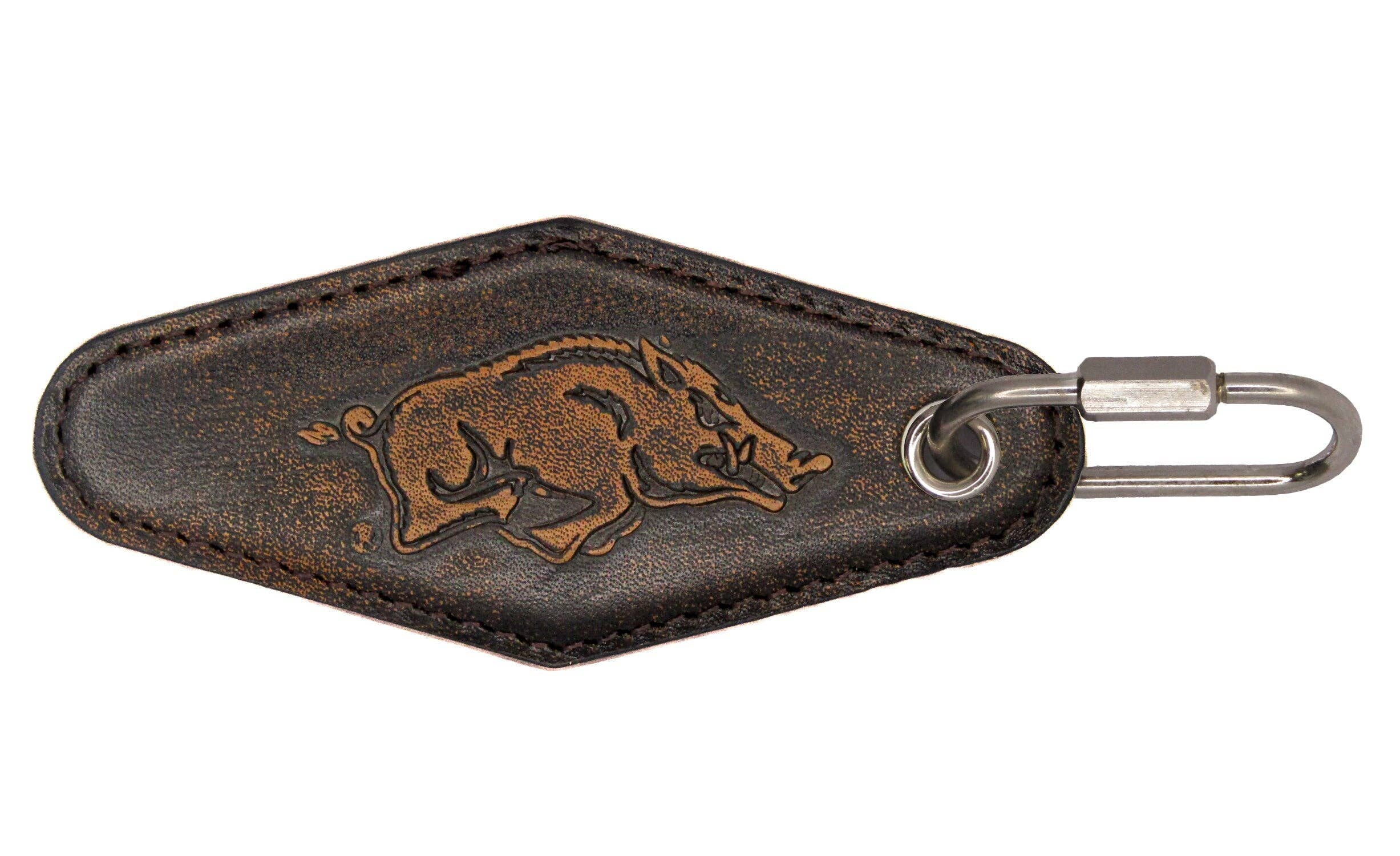 Zep-Pro - Wholesale Keychain - Unisex - Arkansas Razorbacks Collegiate Vintage Full Grain Leather Key Fob. Brown Burnished and Tan Embossed Key Ring.5