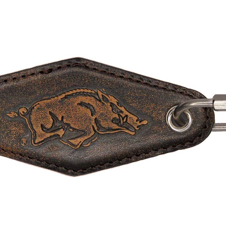 Zep-Pro - Wholesale Keychain - Unisex - Arkansas Razorbacks Collegiate Vintage Full Grain Leather Key Fob. Brown Burnished and Tan Embossed Key Ring.5