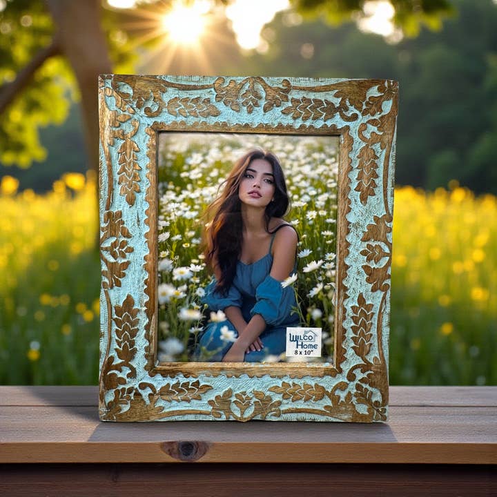 Wilco Home - Wholesale Picture frame - Roman Hand-Carved Mango Wood Photo Frame-Celestial Blue 13