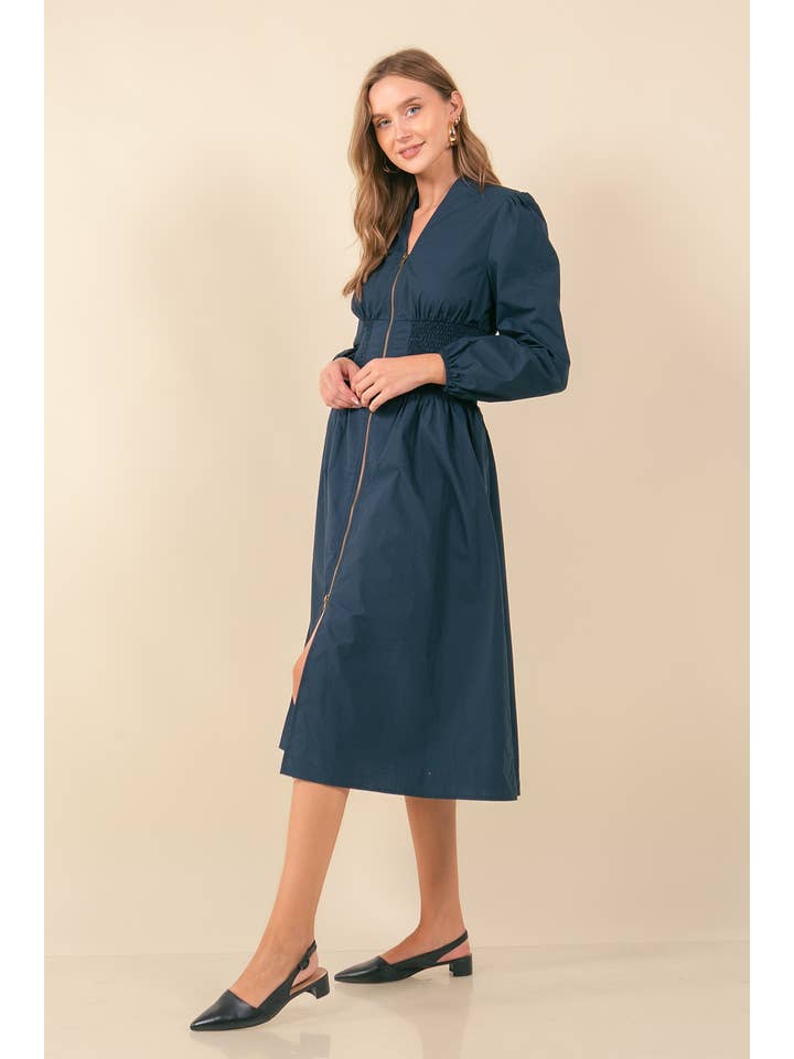 Doe and Rae - Wholesale Dress - Women's - Cotton Poplin Smocked Waist Zip-Front Midi Dress - 27861D