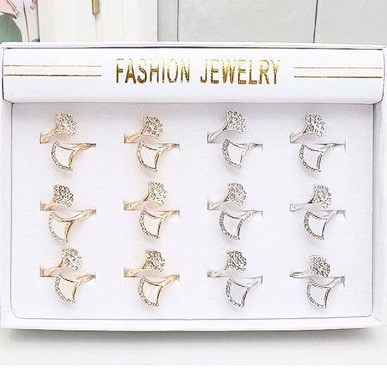 Diacly - Wholesale Cocktail/Statement Ring - 12pk Gold Silver Ginkgo Leaves Adjustable Fashion Rings1