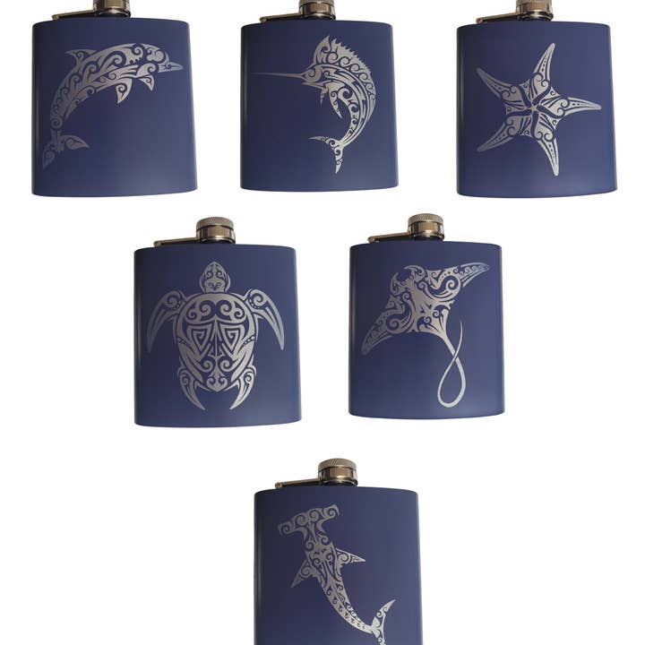 Blue 6oz Stainless Steel Hip Pocket Flask Tribal Ocean Life for wholesale by Megical Basket