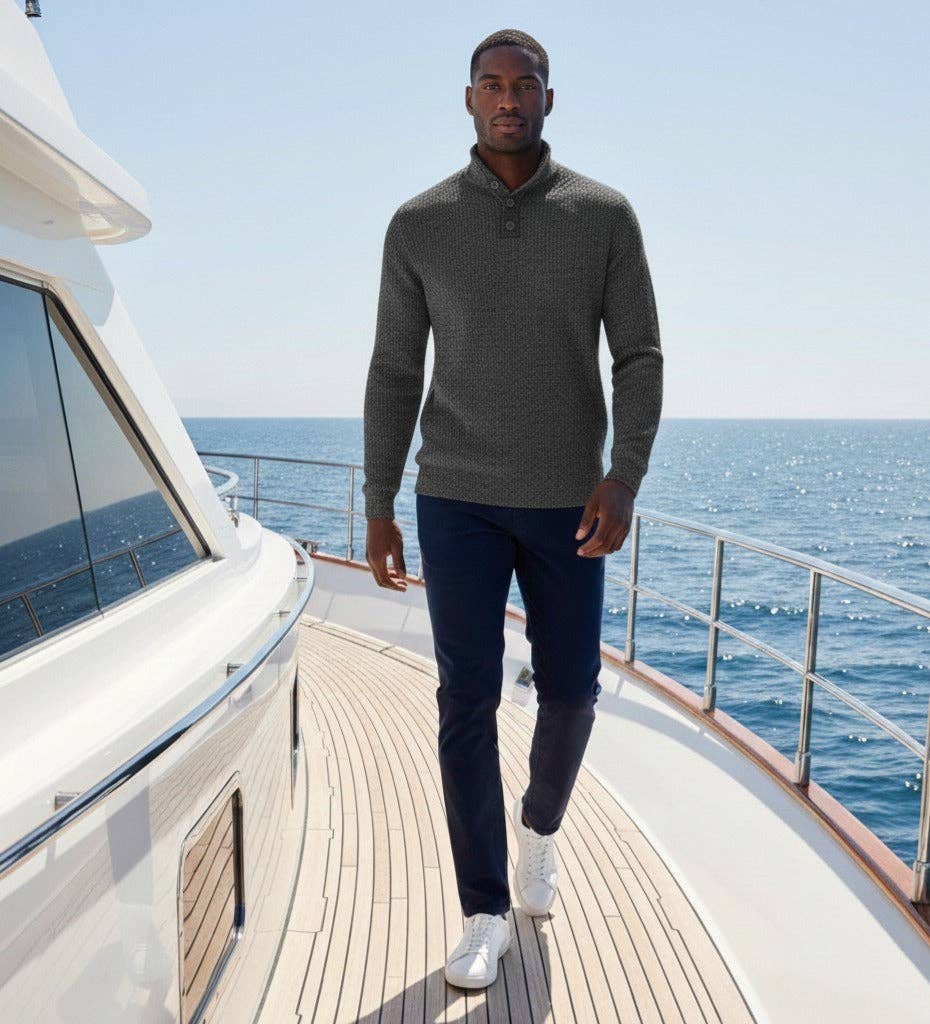 Cashmere Sweater Button Neck Andromeda in Carbon Stitch Mid Grey for wholesale on Faire1