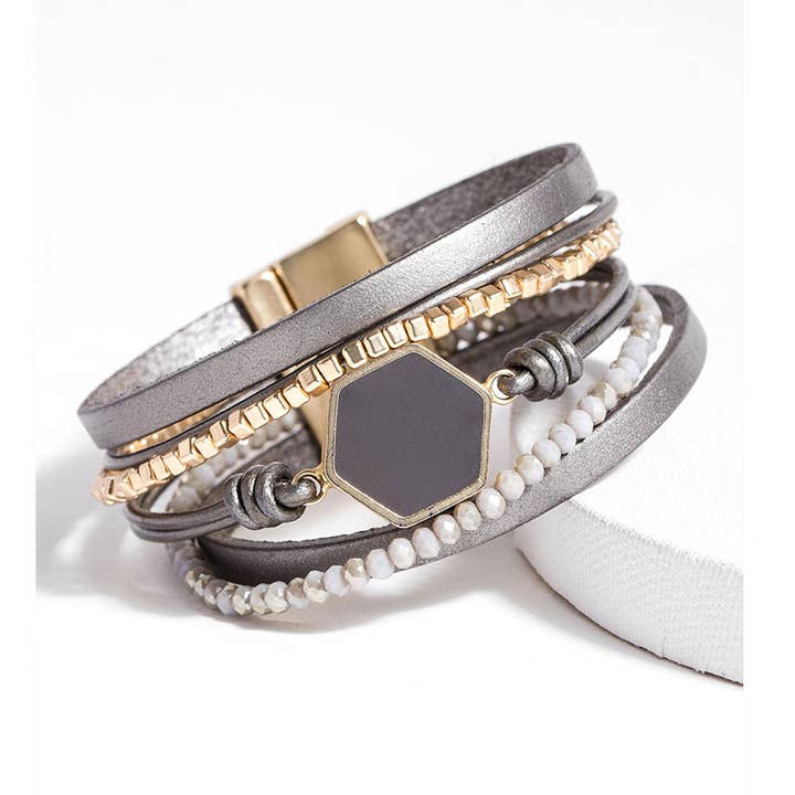 SAACHI - Wholesale Beaded Bracelet - Metallic Beaded Hexa Leather Bracelet0