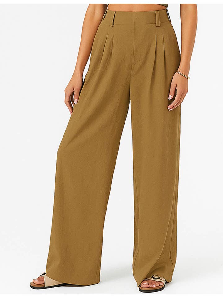 Sweetkama - Wholesale Pants – Women's - Ladies Solid Color Pleated Trousers Pocket Wide Leg Pants10