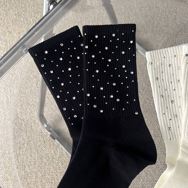 Dipped Shop - Wholesale Socks - Women's - Rhinestone Ribbed Simple Cotton Socks DP25A4384