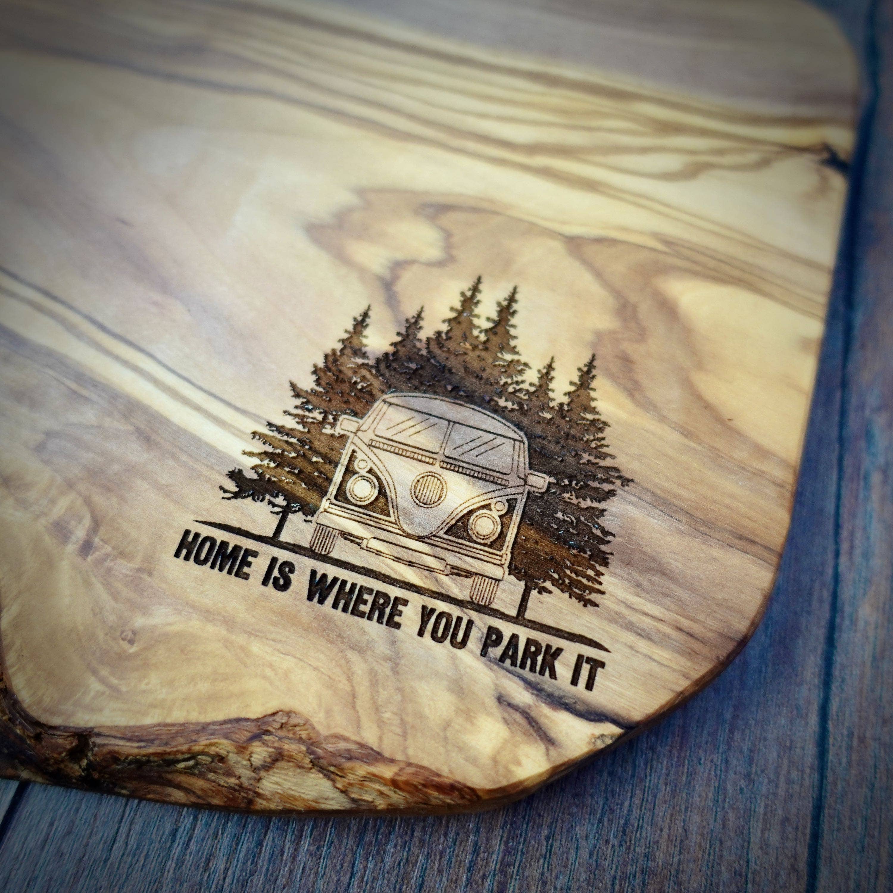 EllieBeanPrints - Wholesale Cutting Board - Home Is Where You Park It Camper Olive Wood Board1