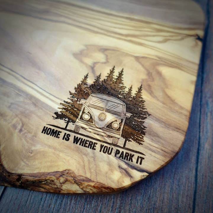 EllieBeanPrints - Wholesale Cutting Board - Home Is Where You Park It Camper Olive Wood Board1