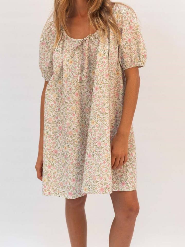 Rosa Clothing - Wholesale Dress - Women's - Rose Bloom Floral Red Gingham puff sleeve babydoll dress