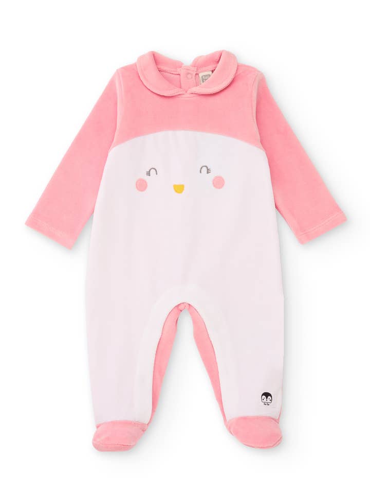 Baby girl's pink knit romper with penguin design for wholesale by tuc tuc