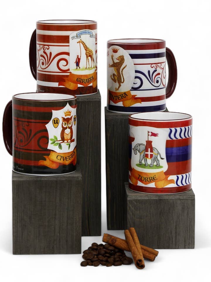 PALIO DI SIENA : Lot de 4 tasses imprimées en porcelaine : CIVETTA+GIRAFFA+PANTERA+TORRE pour la vente par SublimArt